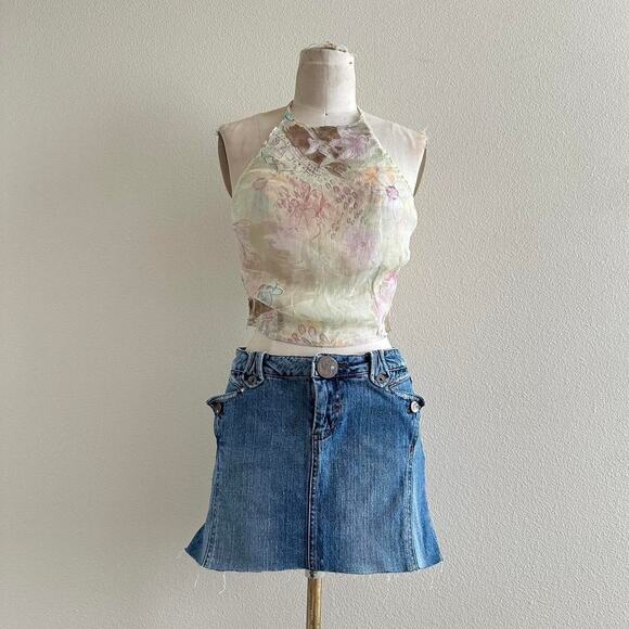 handmade green silk blend sheer halter top with a floral pattern - Picture 1 of 8